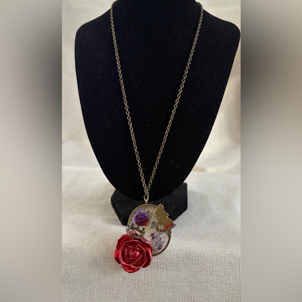 Handcrafted Red Rose Pendant Necklace with Antique Gold Chain